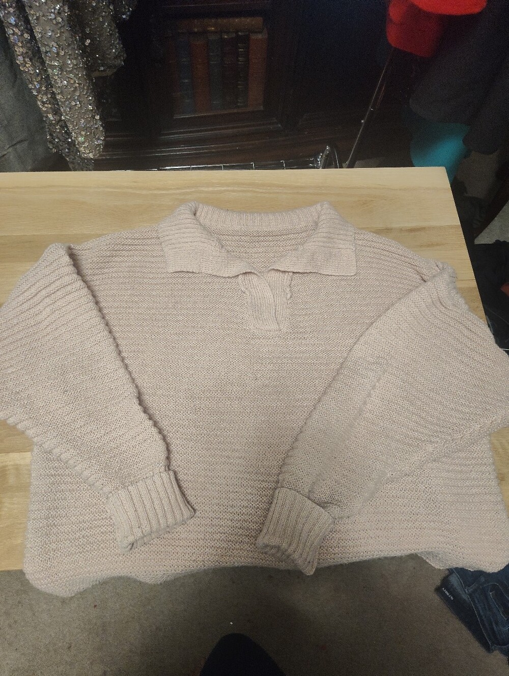 SHEIN Light Pink Collared V-Neck Knit Sweater
